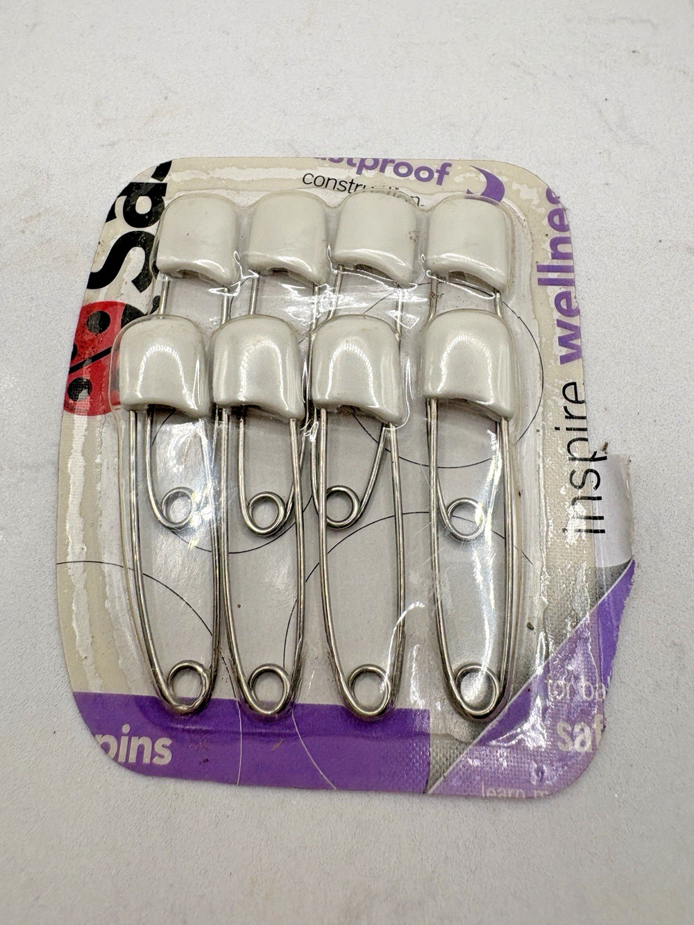 Eight Vintage White Diaper Pins Safety Clasp Baby New in Packaging Unused 2"